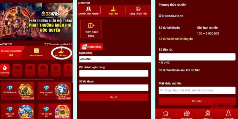 Thao tác rút tiền 33Win đơn giản trên app mobile